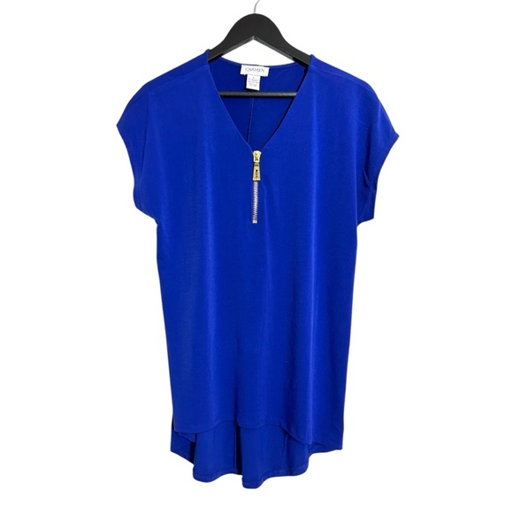 Carmen Marc Valvo Tops - Carmen Marc Valvo Blue V-Neck Zip High Low Top Size Large Businesscore Office